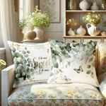 coussin blanc feuilles eucalyptus papillons texte sweet love hope zipper 45x45cm