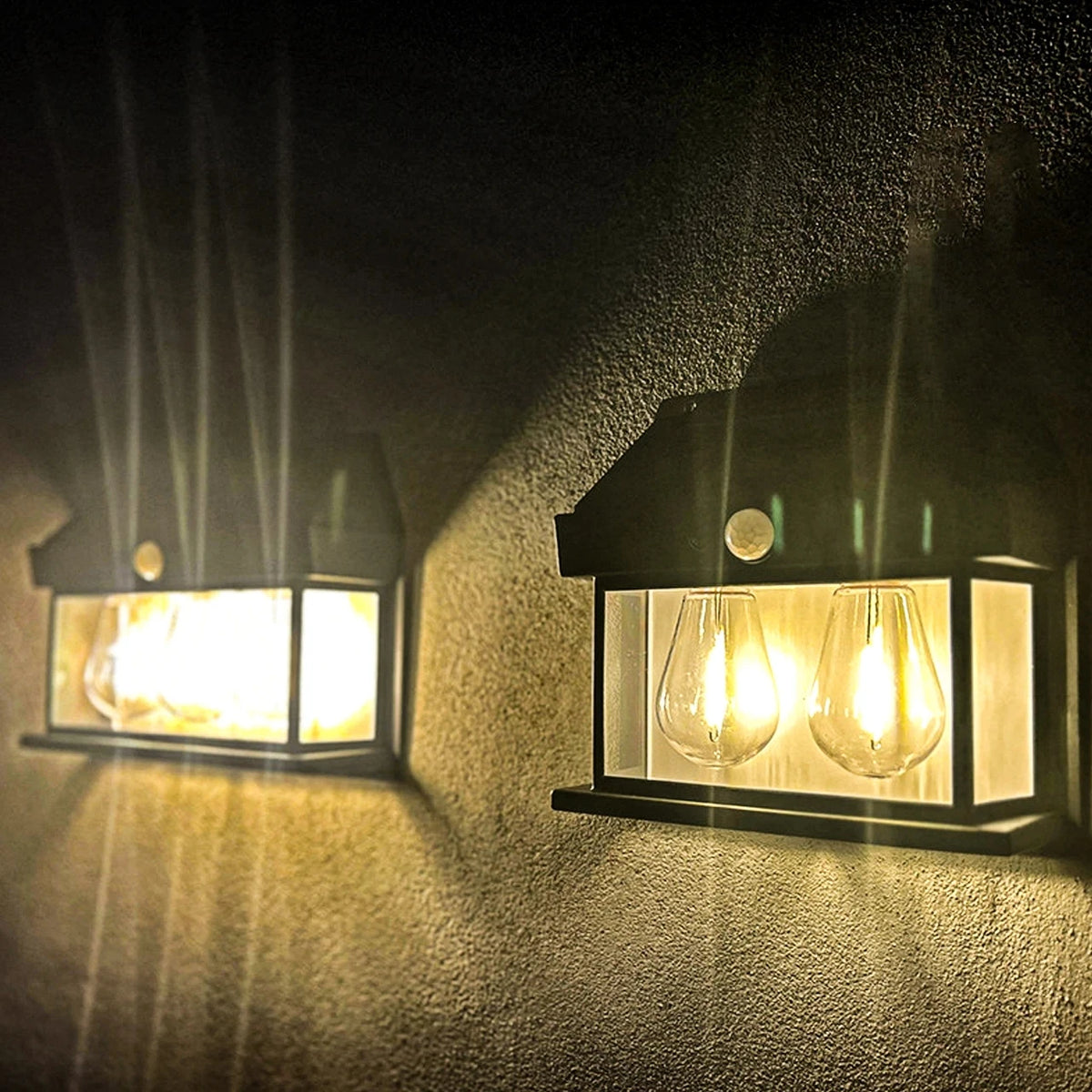 lampes solaires murales extérieures détecteur mouvement ip65 rustique industriel led ambrée