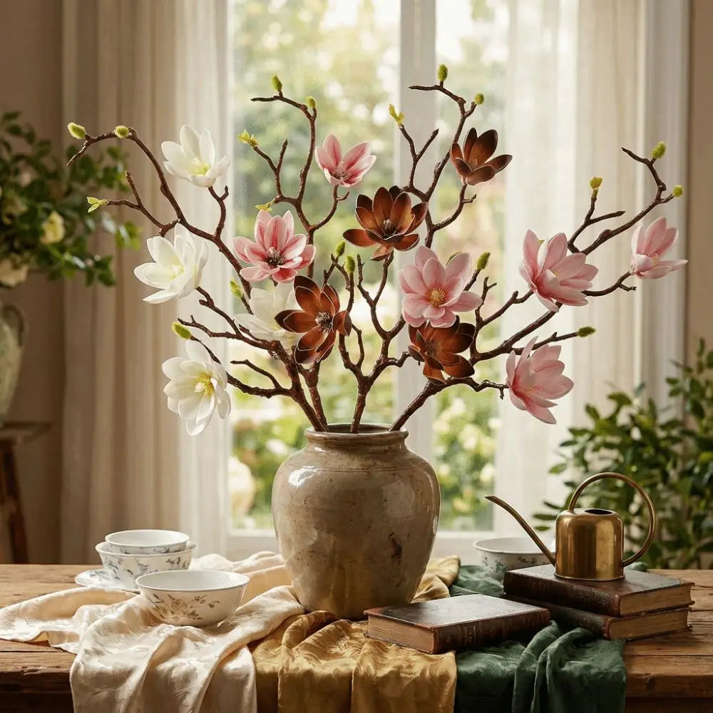 décoration intérieure branche artificielle fleurs blanches roses violets naturel minimaliste vase cube