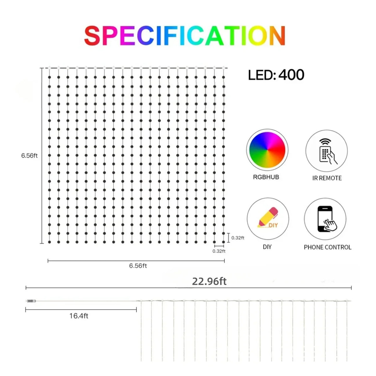 rideau lumineux led multicolore 400 leds moderne grille decorative telecommande application mobile
