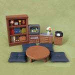 meubles salon miniature résine moderne brun bleu vert tapis fauteuil table basse bibliothèque