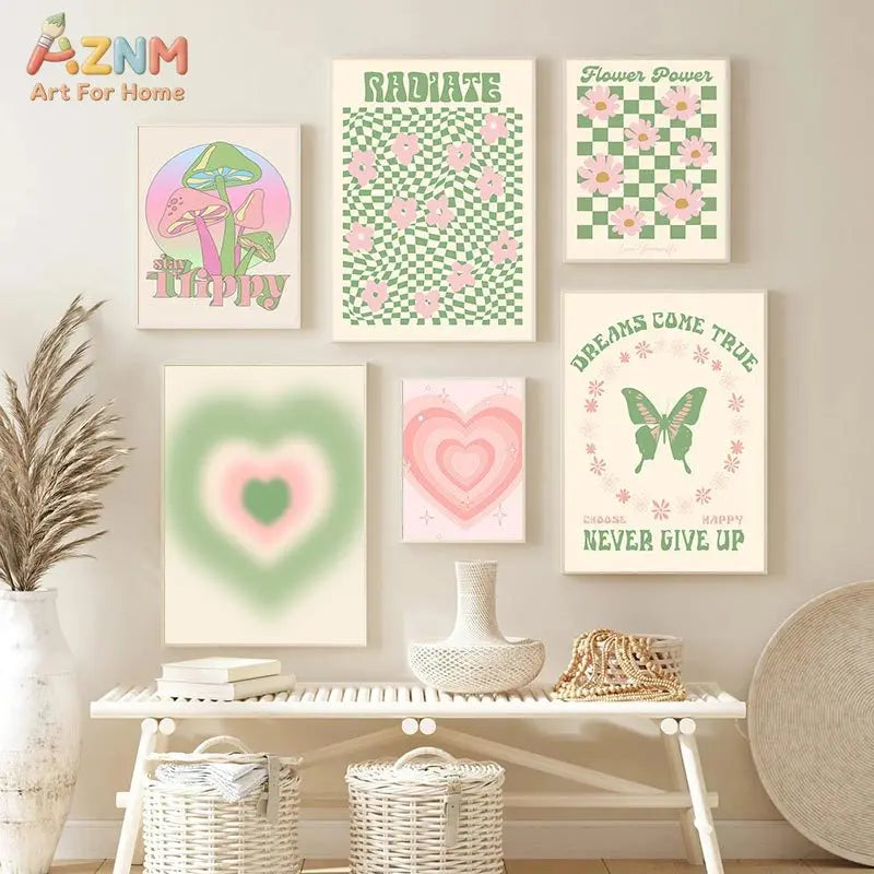 affiche murale cadre bois motif champignon papillon coeur pastel salon moderne décoration intérieure