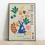 L'affiche illustrée montre une forme humaine en position de méditation entourée de motifs végétaux et de formes géométriques colorées, reflétant les différents "forms" ou aspects de la pratique de Henri Matisse.