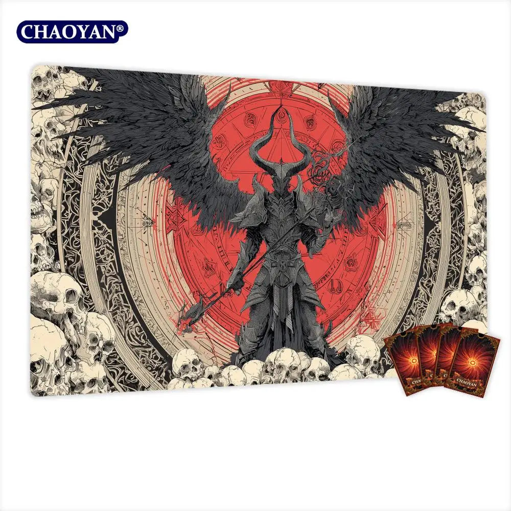 tapis jeu gothique art personnages ailes cartes rouge noir gris
