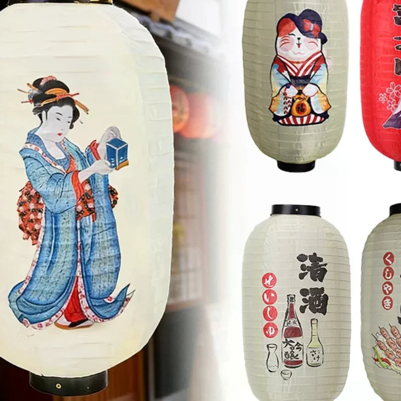 lanterne japonaise papier blanc beige motif geisha chat maneki neko décoration artisanale suspendue intérieur