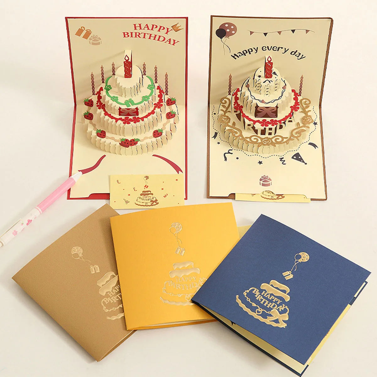 cartes postales 3d pop up anniversaire gâteau ballons happy birthday enveloppes différentes couleurs festive