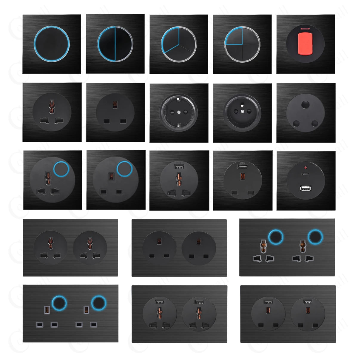 interrupteur tactile mural moderne 86mm noir bleu clair finition brillante