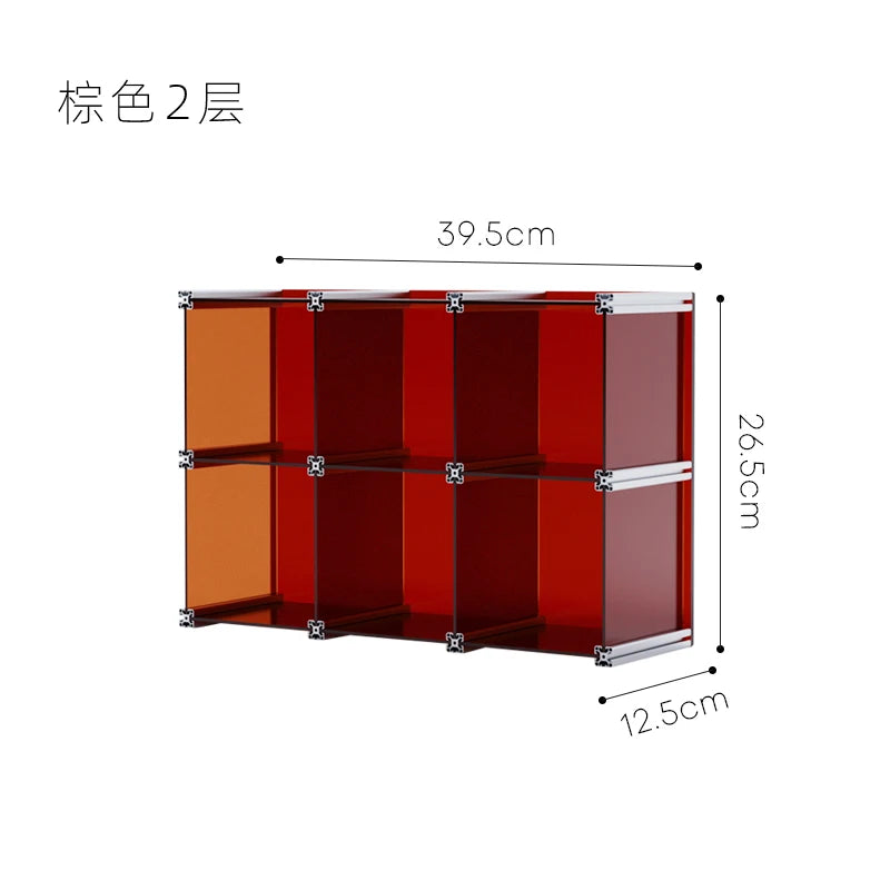 organisateur rangement modulaire transparent bleu clips métalliques compartiments tasses bouteilles bol assiette gâteau tablette