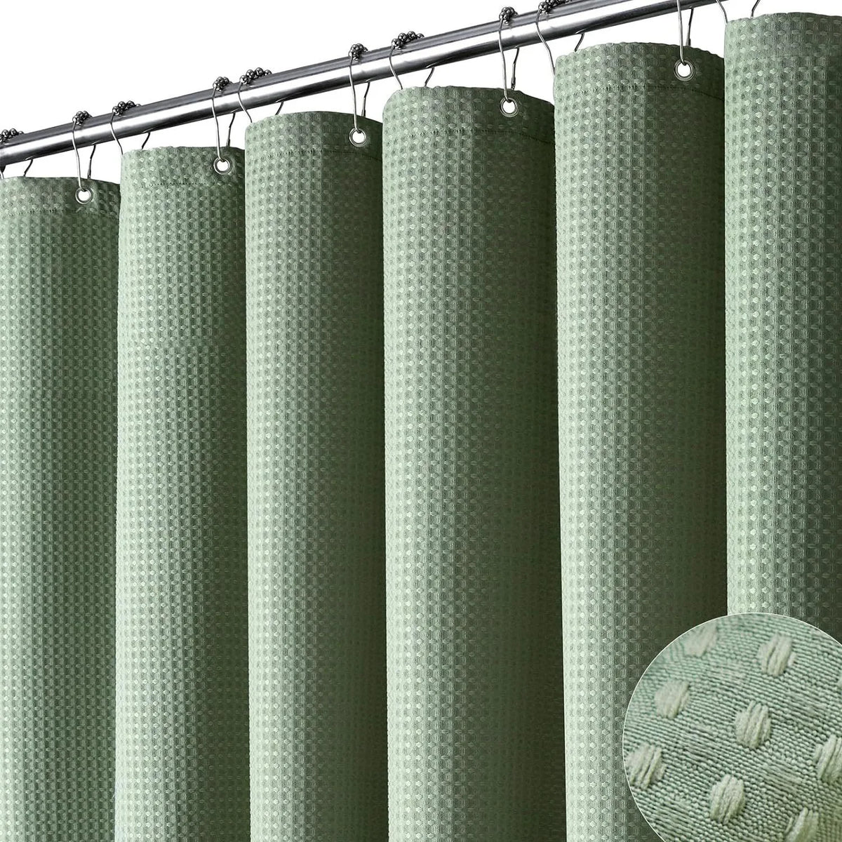 rideau douche moderne vert olive texture points ourlet lesté métalliques durables crochets polyester gaufre