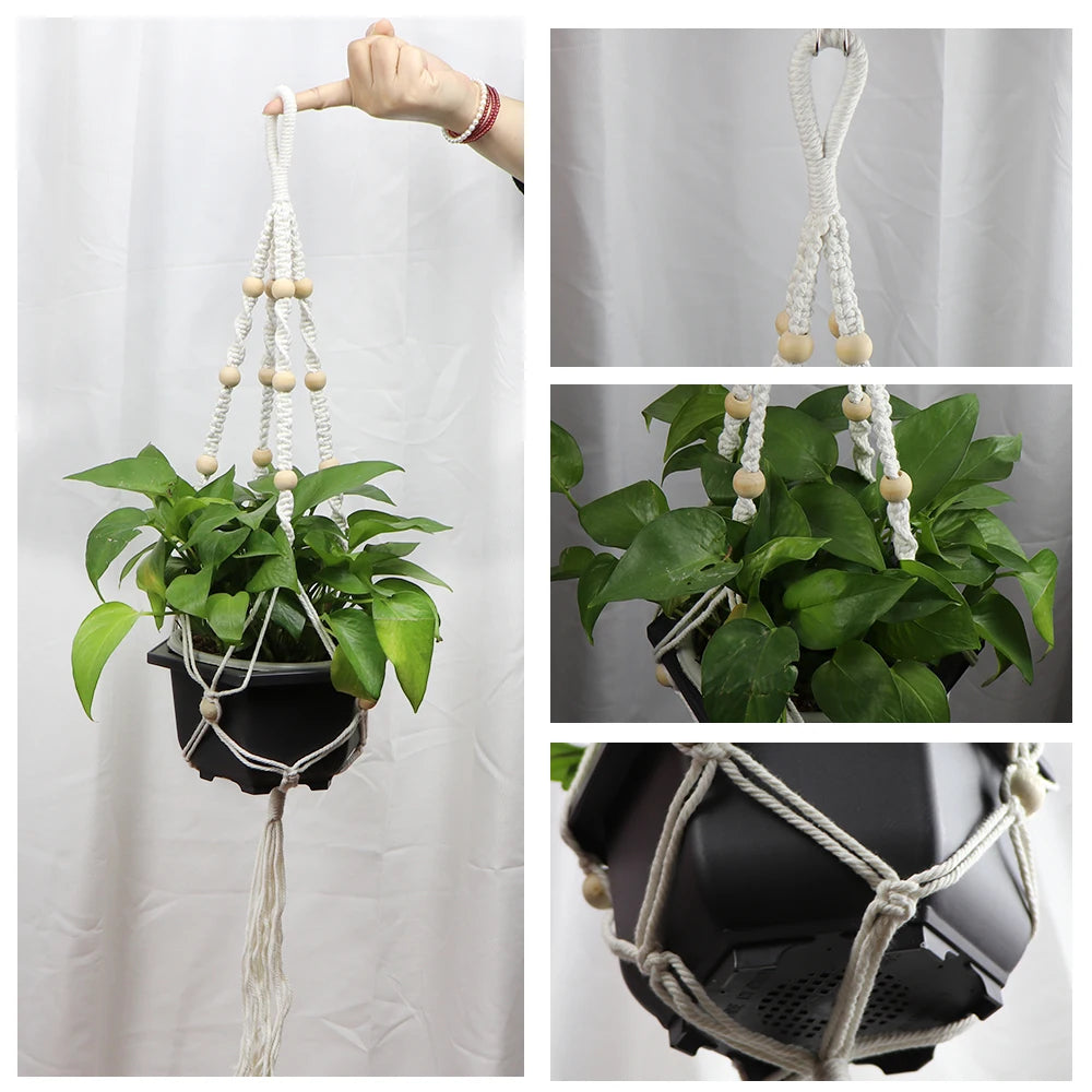 support plante suspendue macramé blanc fait main décoration jardin intérieur boho corde coton