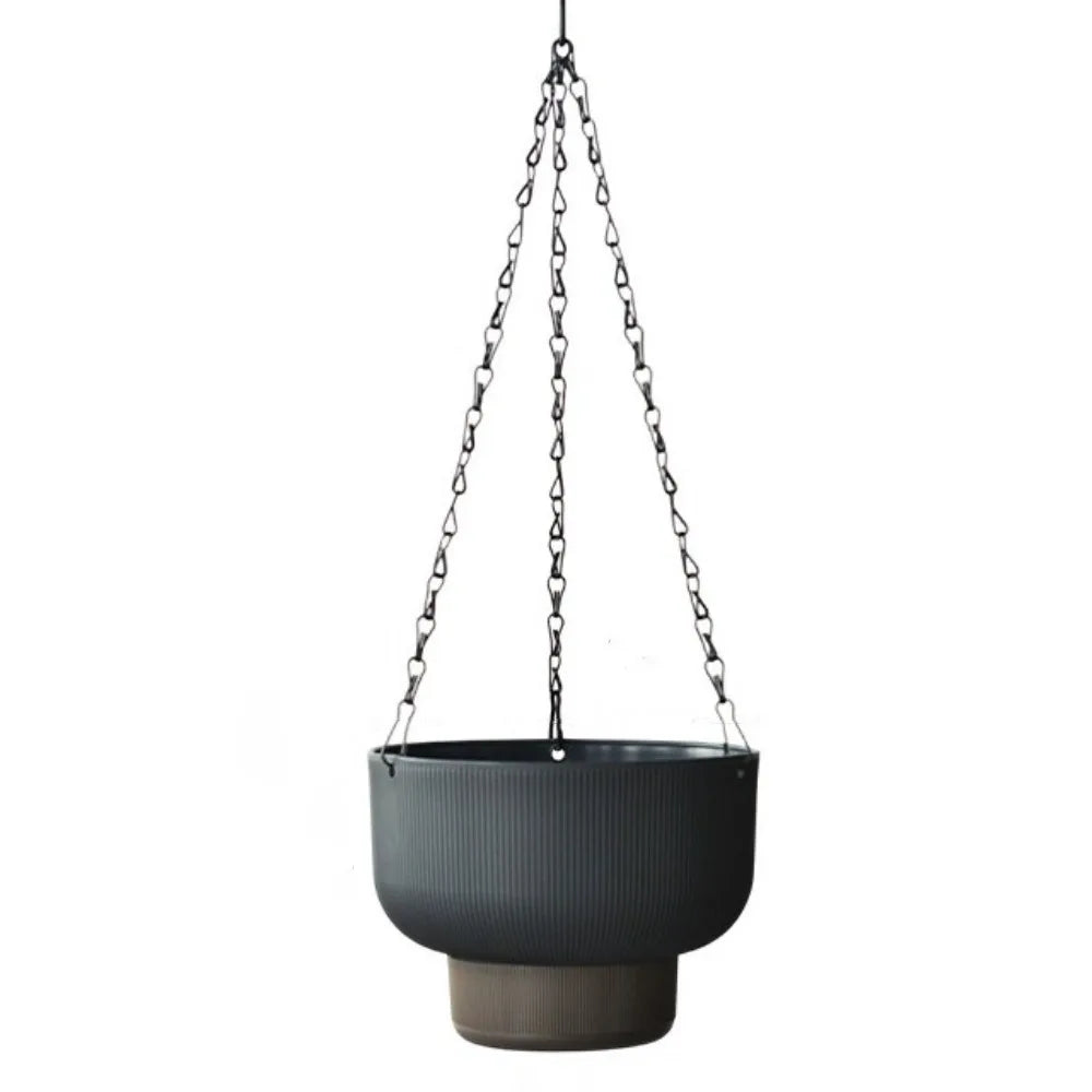 cache pot suspendu moderne rayures horizontales blanc gris vert drainage chaînes métalliques auto arrosant