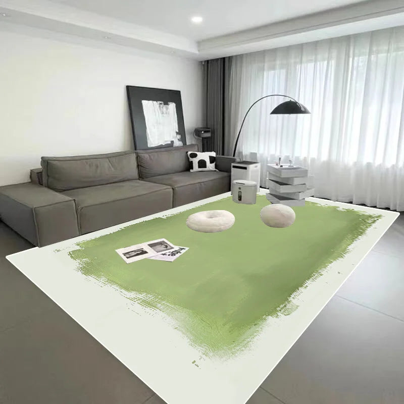 Un salon moderne et épuré avec un grand canapé gris, un éclairage d'ambiance et une œuvre d'art abstraite sur le mur.