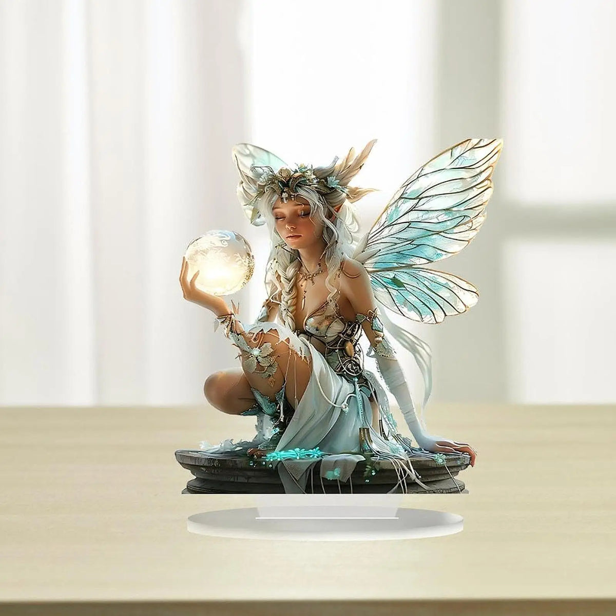 statue elfe féerique décoration table transparente ailes lumineuses motifs végétaux base blanche chambre