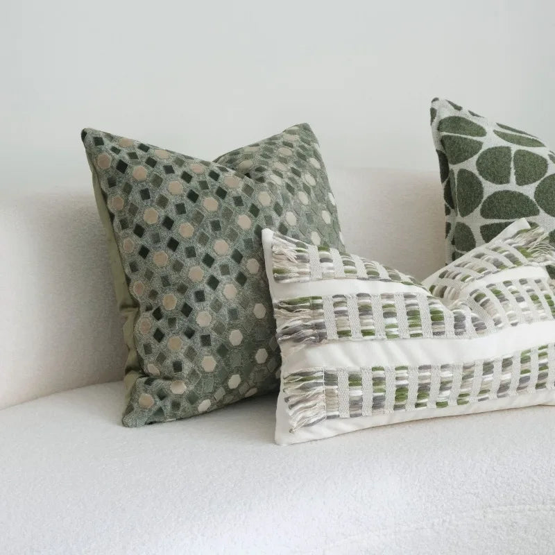 housse coussin géométrique vert beige motif points moderne adhésif décoration canapé maison voiture 45x45cm