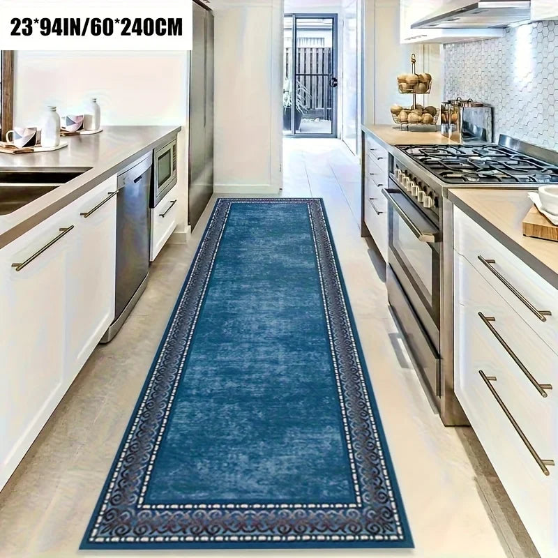 tapis bleu marine velouté motif géométrique salon couloir cuisine résistant intérieur classique vintage