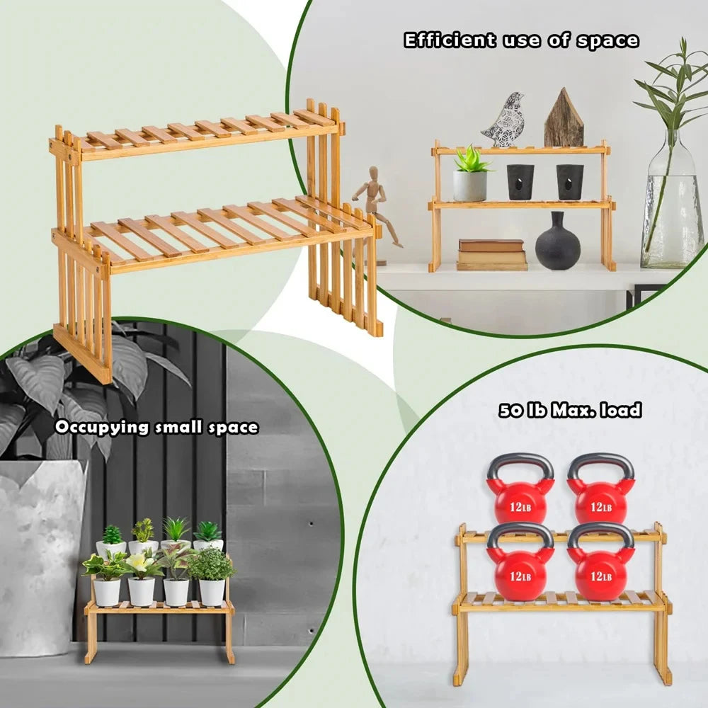 étagère plante bambou moderne simple niveaux naturel hauteur 30cm largeur 57cm