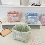 panier rangement tissu carreaux rose bleu vert jaune vintage réutilisable multiple doux ménage