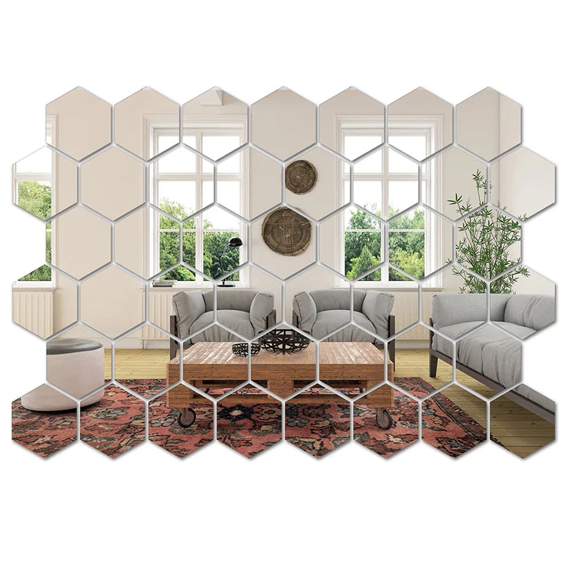 miroir hexagonal moderne adhésif argenté géométrique acrylique 45 pièces DIYcoration