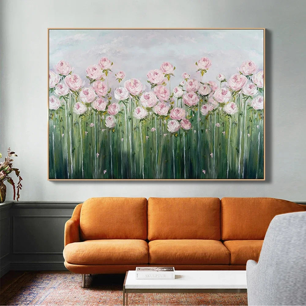 tableau abstrait fleurs peinture acrylique toile horizontale rose clair vert gris