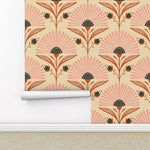 papier peint fleurs stylisées art déco beige rose noir résistant humidité autocollant chambre cuisine