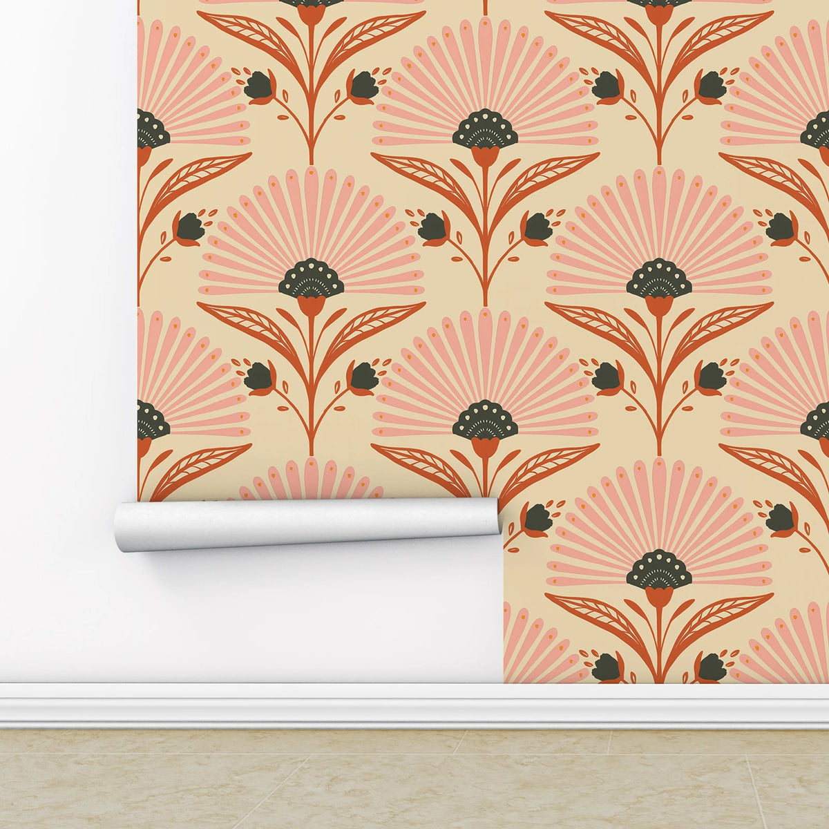 papier peint fleurs stylisées art déco beige rose noir résistant humidité autocollant chambre cuisine