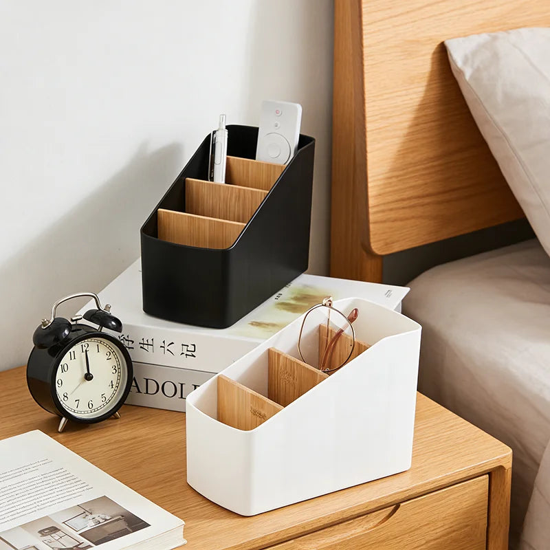 boîte rangement noir blanc bambou minimaliste compartiments marchestylo télécommande câbles
