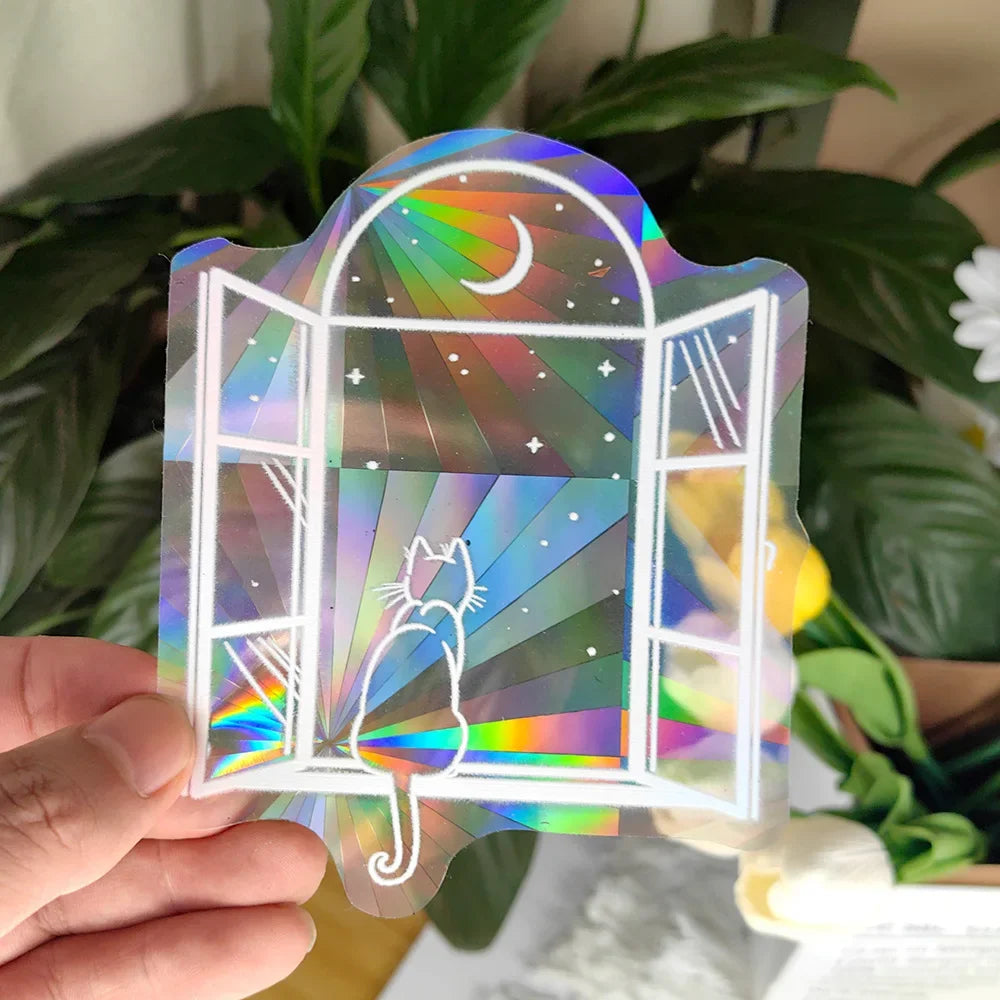 étiquettes solaires holographiques transparentes motifs planètes chats soleils modernes adhésives blanches minimalistes