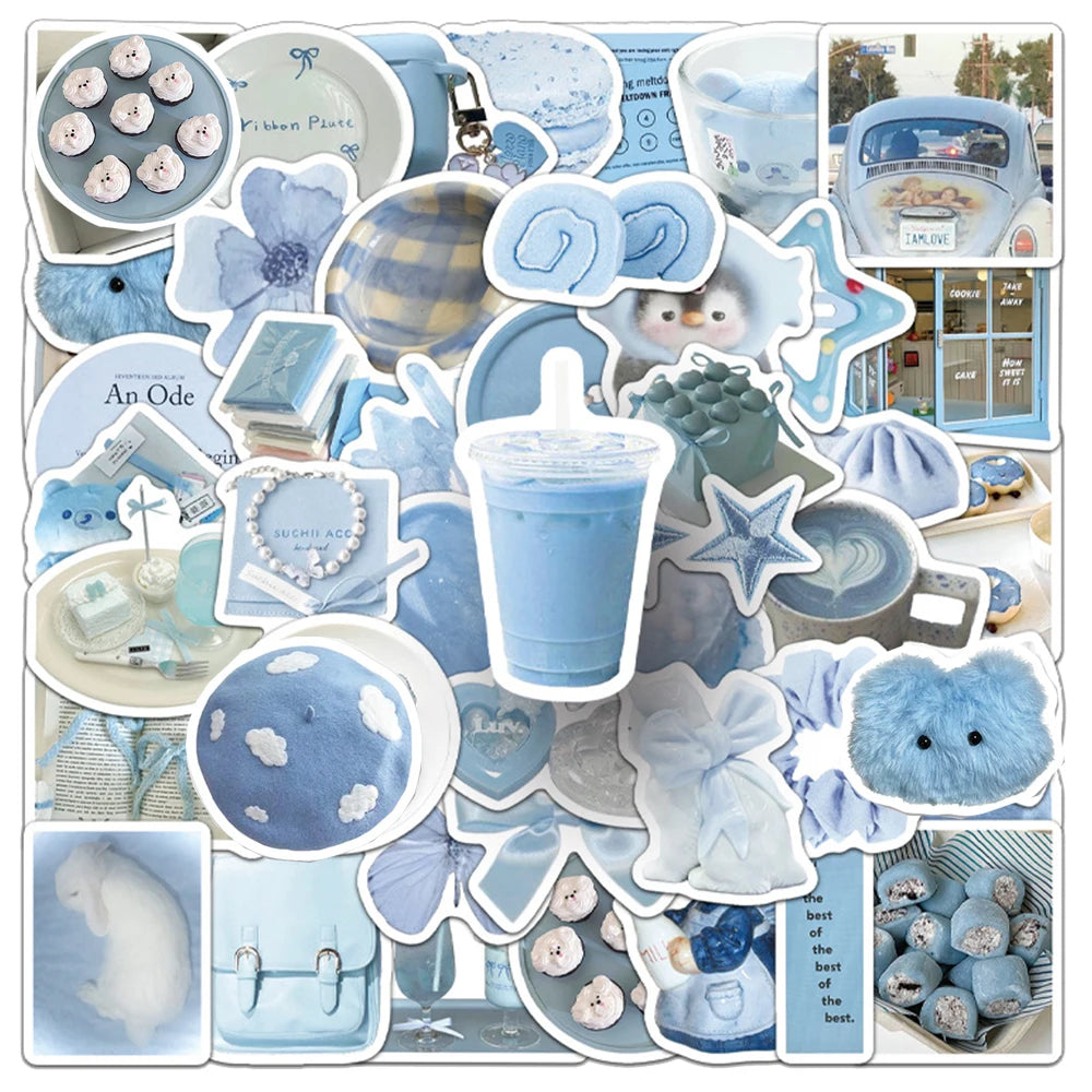 stickers decoratifs bleu clair fleurs coeurs animaux geometriques aesthetic ribbon plate tasse coeur peluche