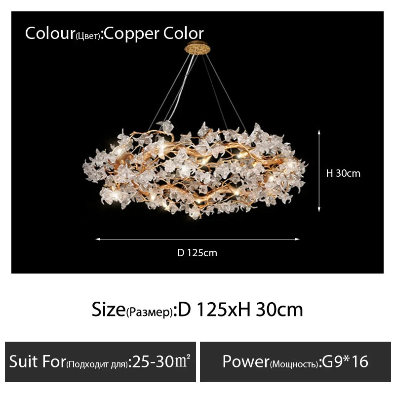 suspension lumineuse moderne dorée branches fleurs transparentes cristal haute luxure