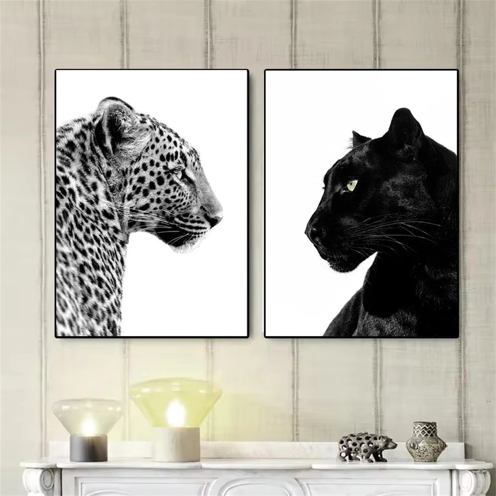affiches animaux léopard jaguar blanc noir moderne minimaliste toile sans cadre decoration salon maison