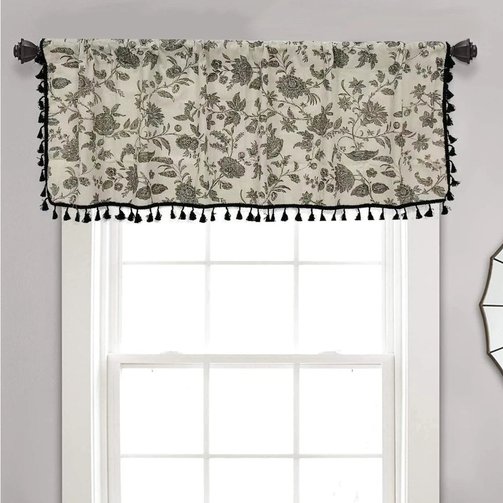 rideau cuisine fleurs pompons noir imprimé polyester classique opacité