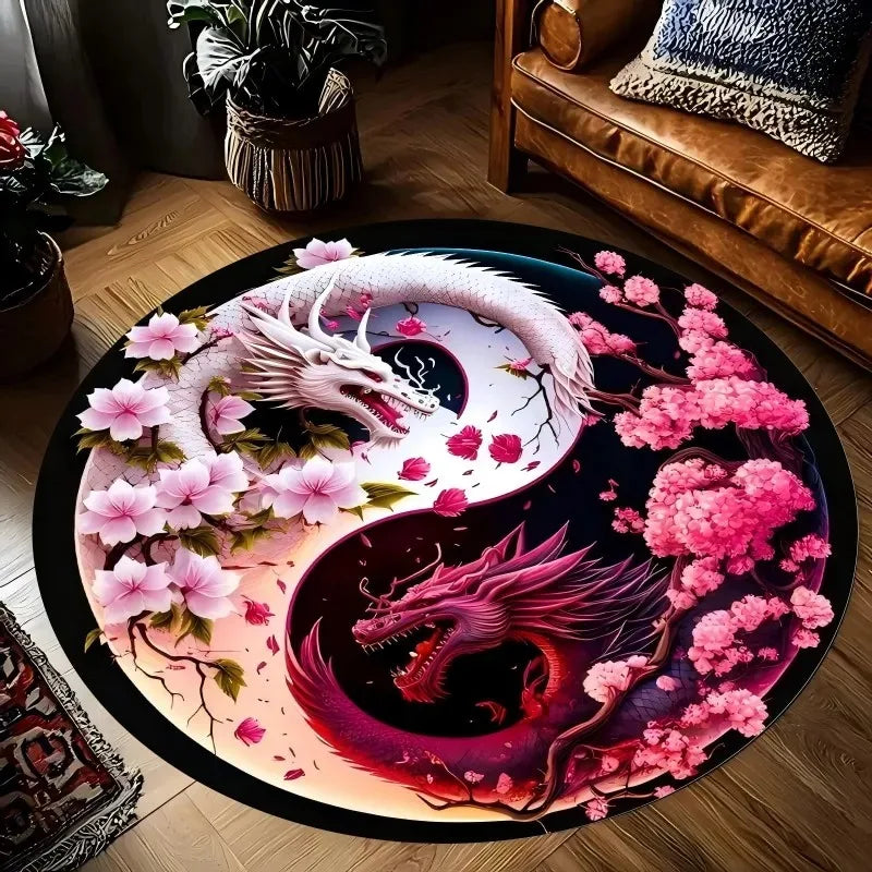 tapis rond yin yang dragons fleurs cerisier noir blanc contemporain oriental chambre salon 120x120cm