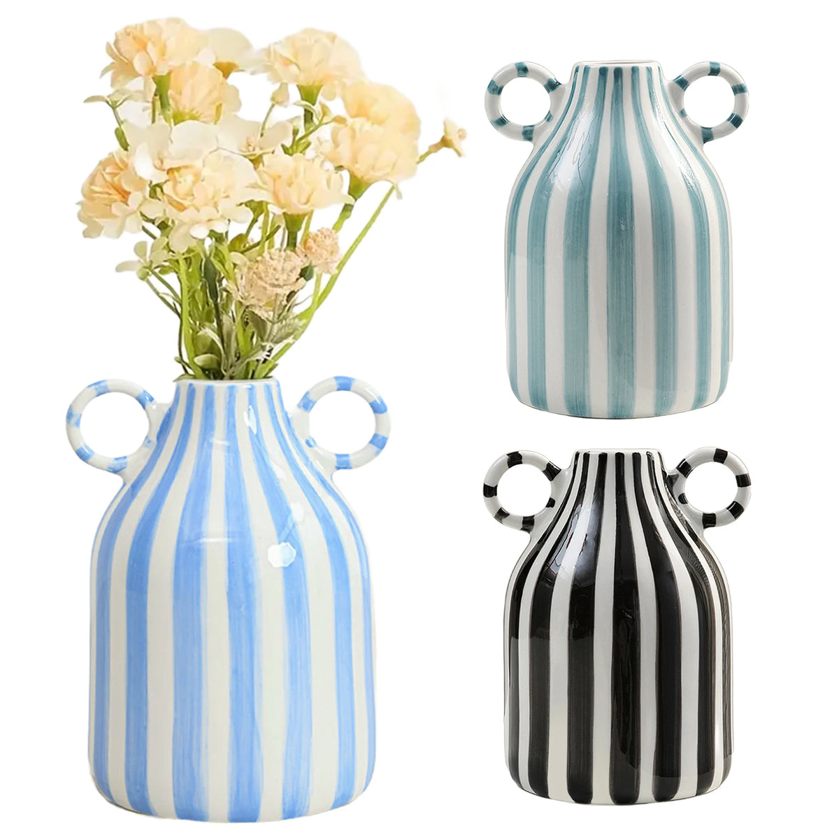 vase moderne céramique rayé bleu clair blanc noir double oreille décoration intérieure fleur hydroponique