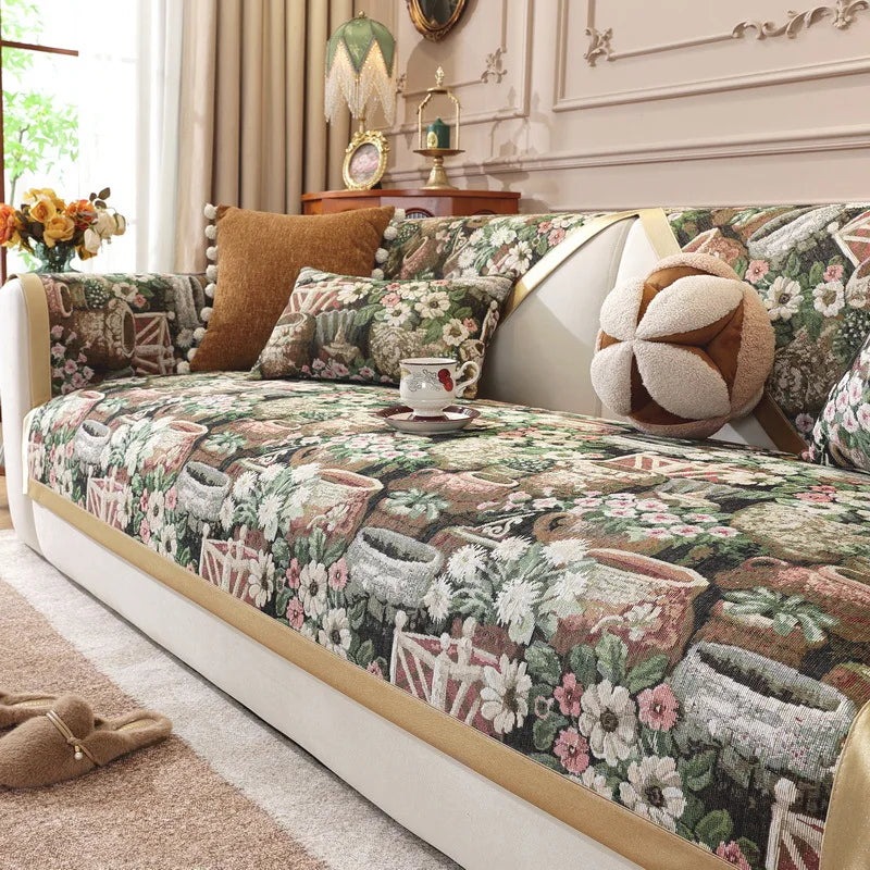 housse canapé tissu jacquard motif floral fleurs beige coussin siège antidérapant traditionnel