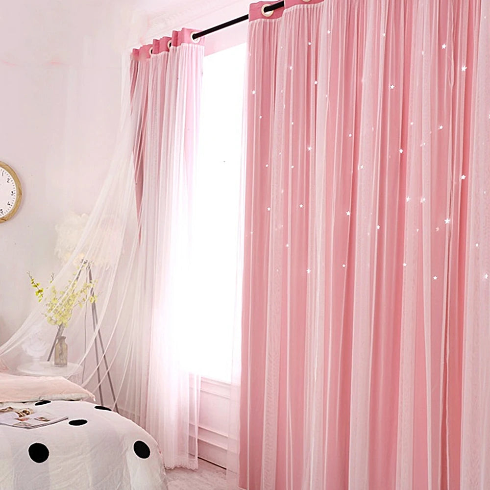 rideaux semi transparent étoiles découpées tissu plissé motif enfantin couleurs rose bleuclair