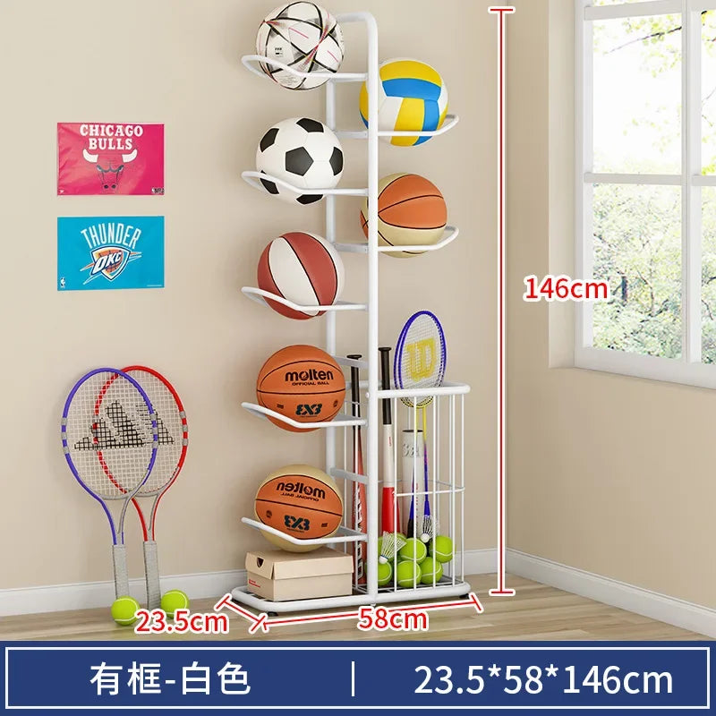 support rangement sport blanc noir doré raquettes balles tennis volleyball moderne minimaliste