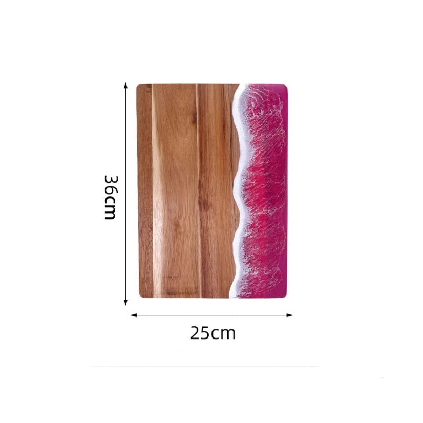 planches découper bois naturel bleu résine artisanale modernes cuillère couteau fourchette citron cerises épices