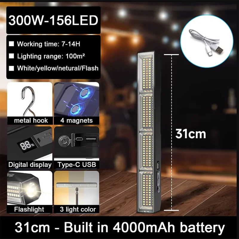 lampe travail led rechargeable aimant noir moderne multifonctionnelle 400w ip66 étanche usb