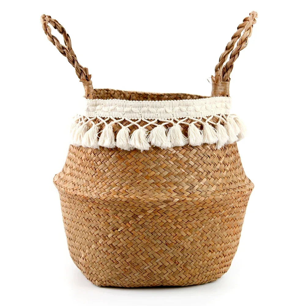 panier tissé paille naturelle boho blanc pompons poignées corde rangement
