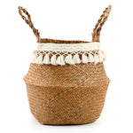 panier tissé paille naturelle boho blanc pompons poignées corde rangement
