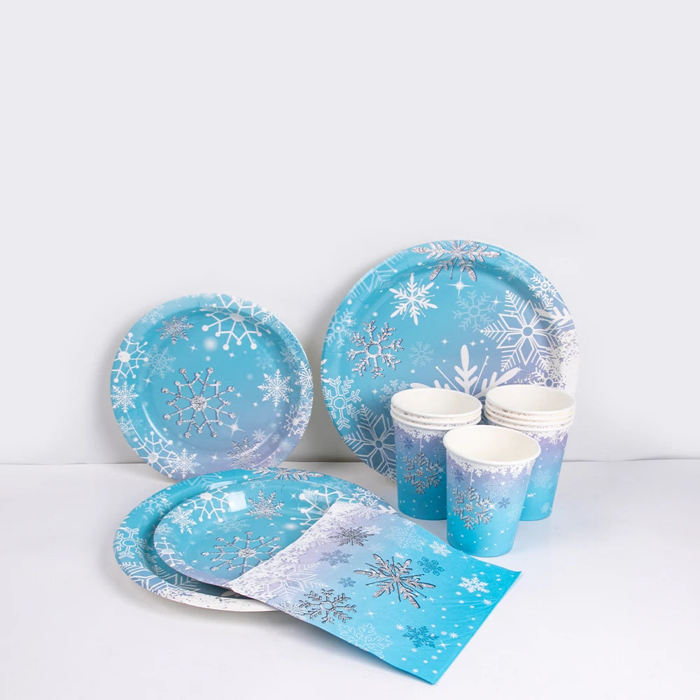 assiettes jetables flocons neige blanc argent anniversaire noël fête hiver serviettes gobelets verres