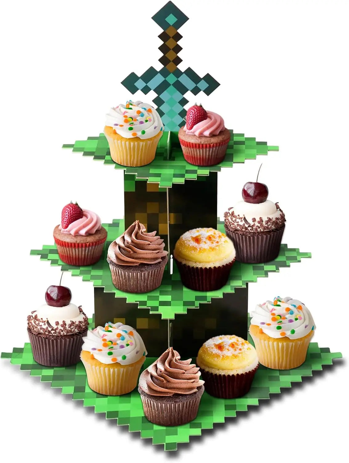 présentoir cupcakes minecraft bloc terre arbre épée vert anniversaire bannières happy birthday chapeaux festive