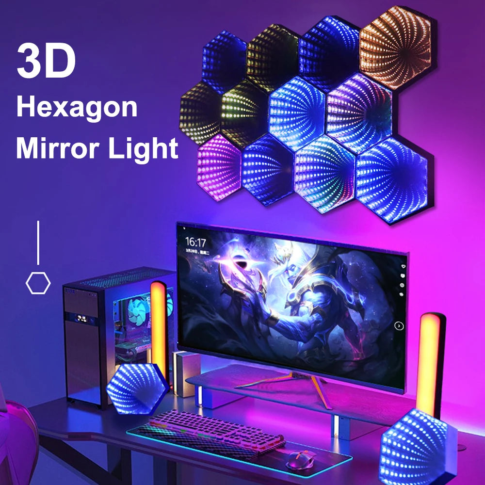 lampe decorative led rgb hexagonale miroir effet 3d moderne chambre coucher télécommande effets lumineux