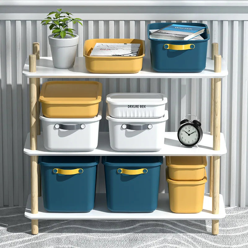 boîtes rangement plastique bleu blanc jaune rayures poignées couvercle moderne respectueux environnement
