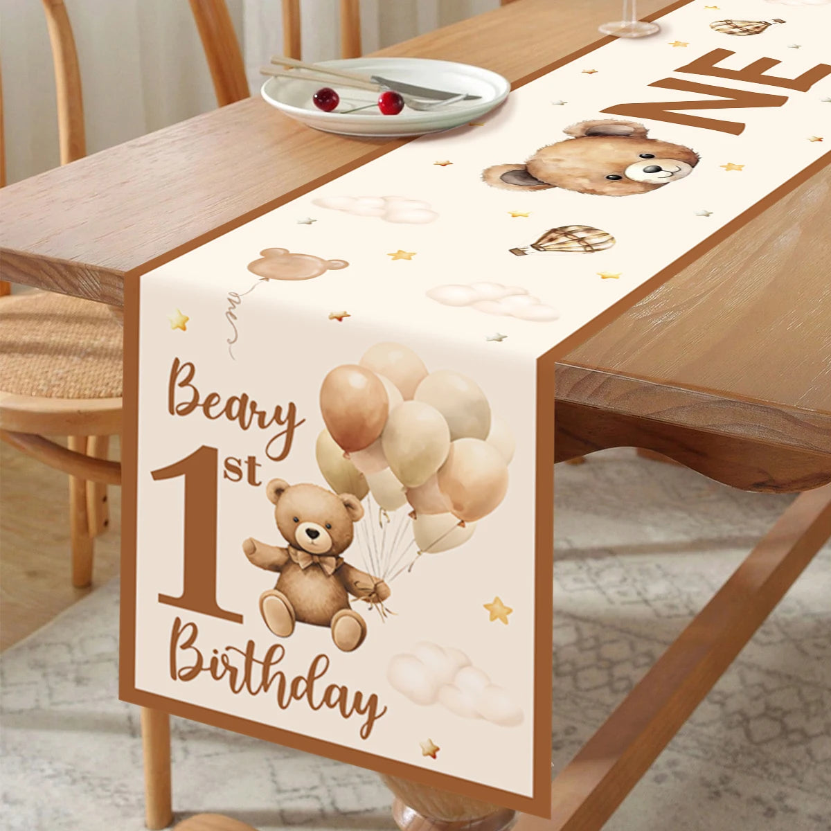 nappe table dessin animé nounours ballons lunes étoiles nuages anniversaire enfant beige marron blanc