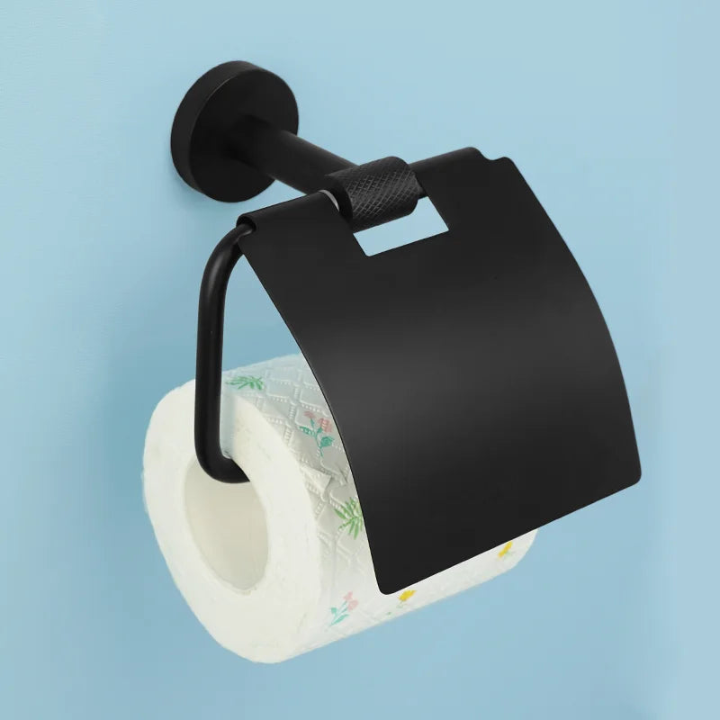 accessoires salle bain noir mat modernes fixations papier toilette verre dents brosse dents