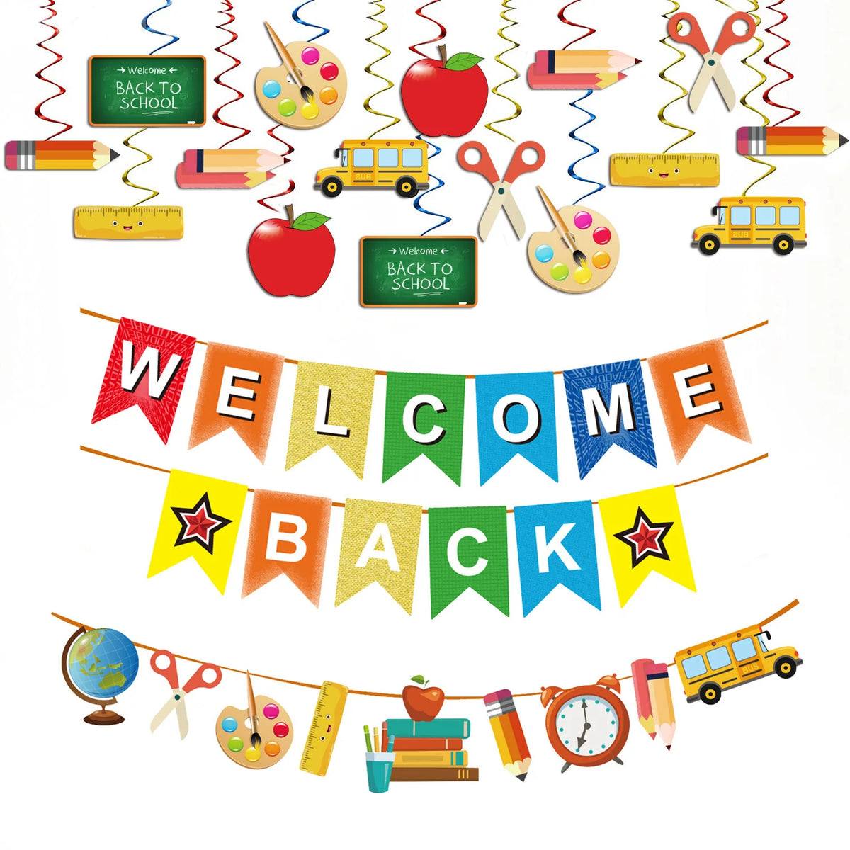 guirlande décorative scolaire multicolore pommes crayons bus globe règle alarme étoiles festive retour école