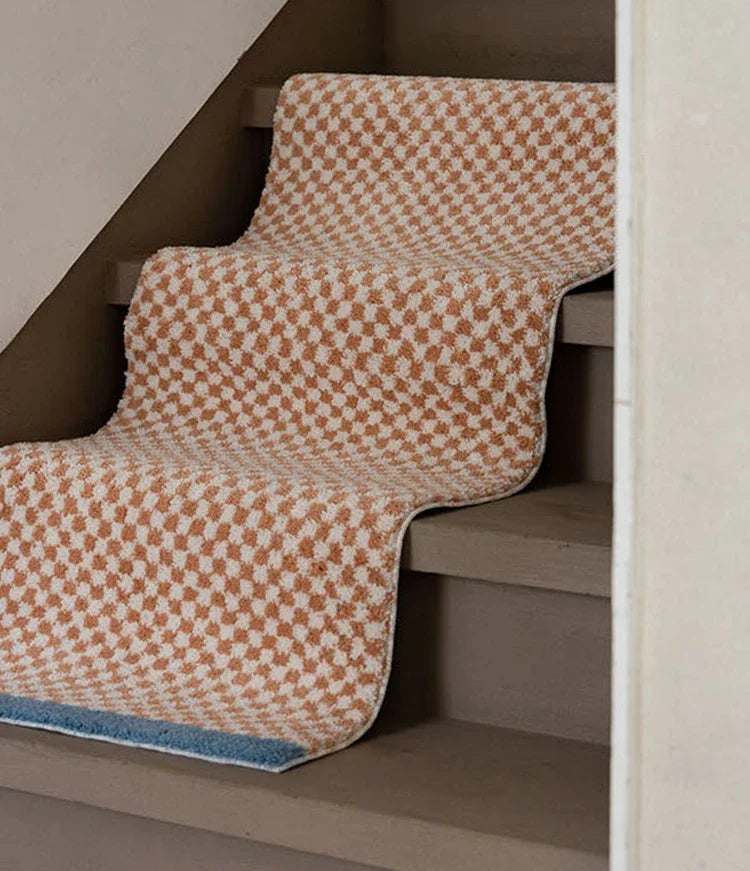 tapis d'escalier moderne beige bleu carreaux géométriques antidérapant intérieur extérieur adultes
