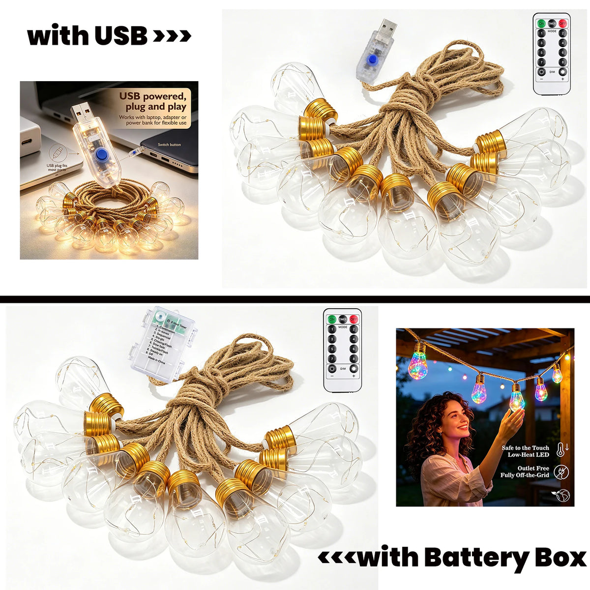 guirlande lumineuse led jaune or modes télécommande corde jute transparente