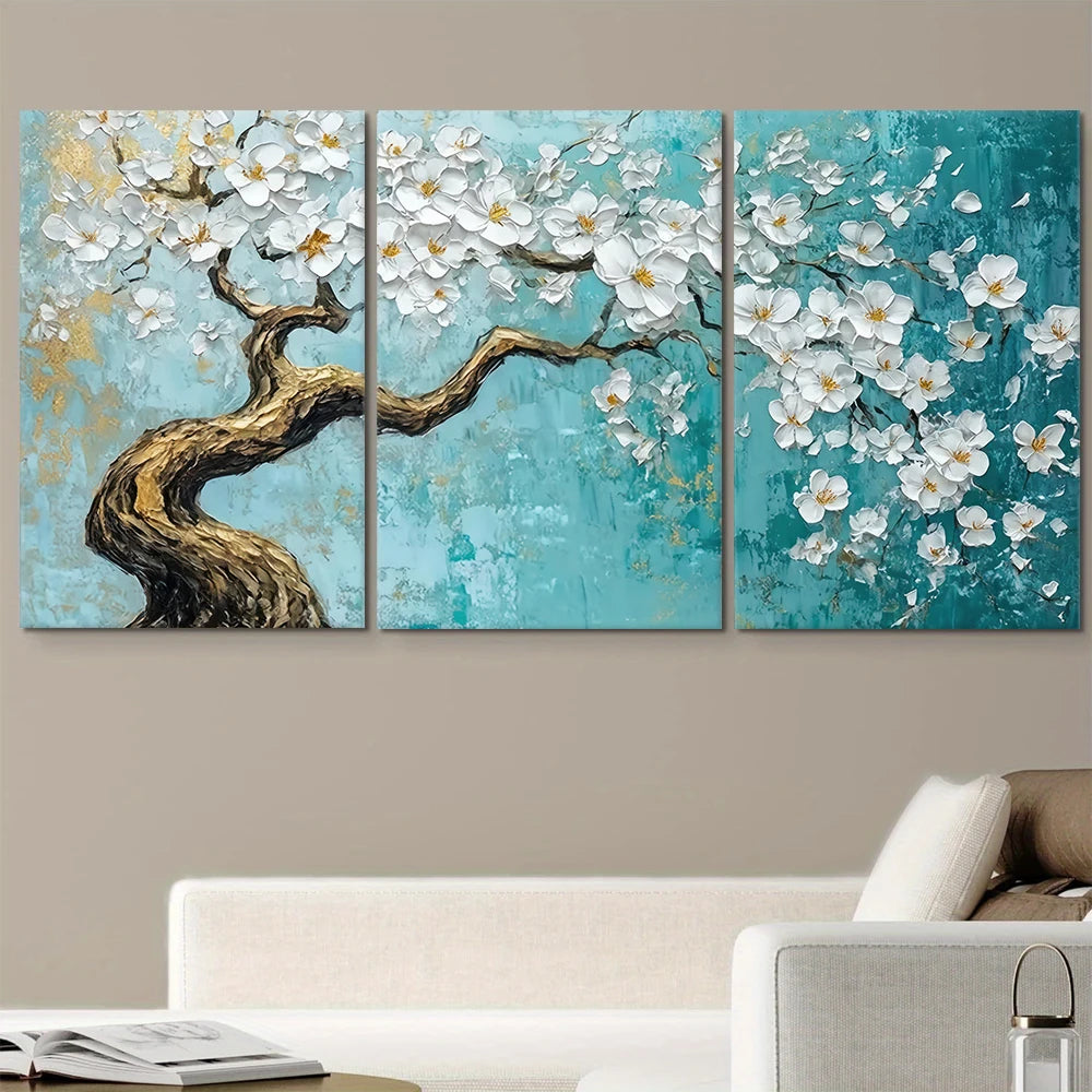 tableau mural peinture abstraite fleurs bleu clair blanc doré moderne sans cadre décoration intérieure